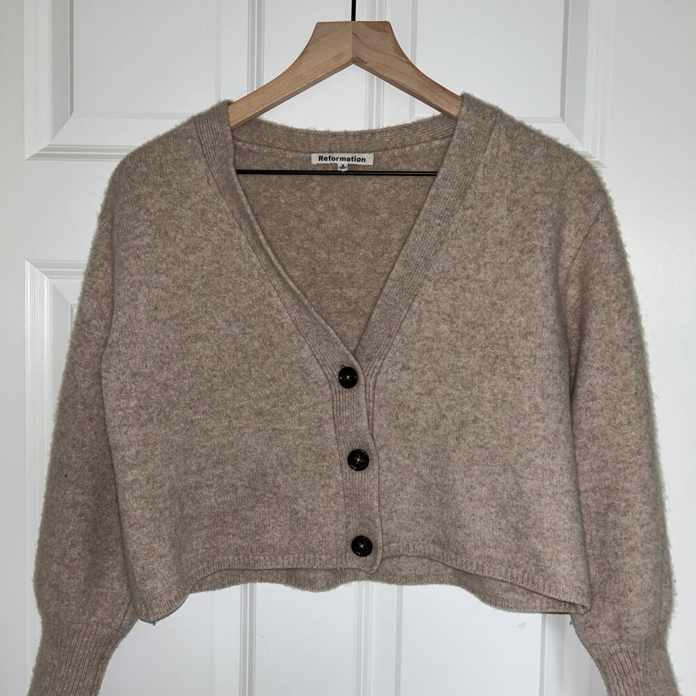 Reformation Oatmeal Cashmere Cropped Length Cardigan (size small)